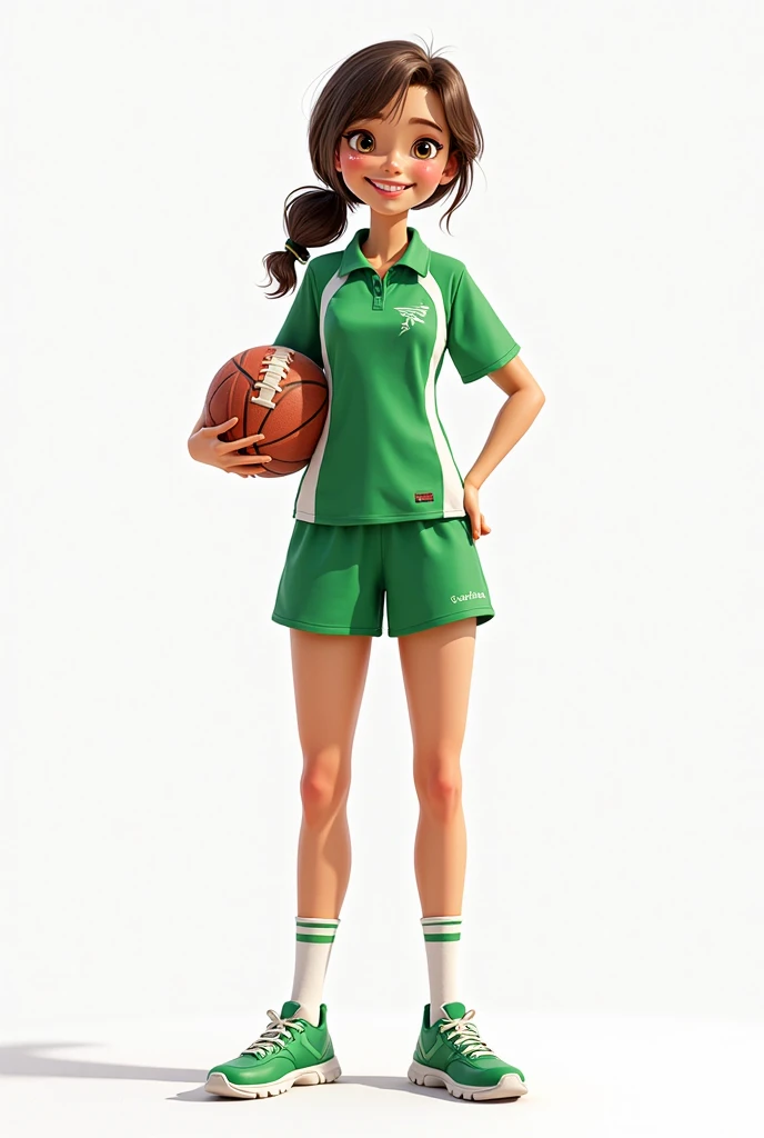 ((best quality)), ((masterpiece)), (detailed), perfect face Disney cover 8 year old girl, tender, black hair, standing on a soccer field with a worn pink shirt with a soccer ball on her foot with the name Oriana pink background with soccer field