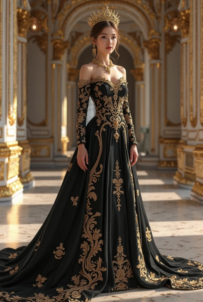 Princess in an elegant black dress with gold details 