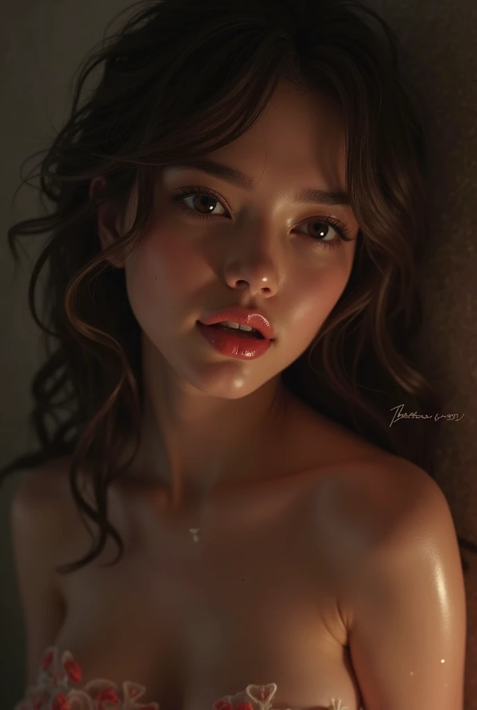a beautiful girl after sex in bed, nude, all sweaty with cum in her mouth, sexy, brunette, medium breasts, beautiful pussy, 8k, detailed facial features, hyper realistic, high quality, photorealistic, cinematic lighting, dramatic shadows, vibrant colors, warm tones