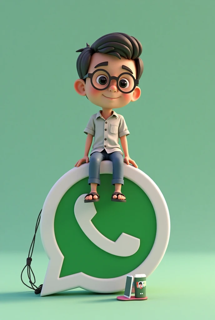 (photorealism:1.2), beautiful young boy, sitting on the whatsapp logo, wearing coat, saroom pants, nice hair cut, indoors, soft lighting, plants in background, window with sunlight, cozy room, relaxed pose, realistic, intricate details, warm colors, by Greg Rutkowski, by Alphonse Mucha