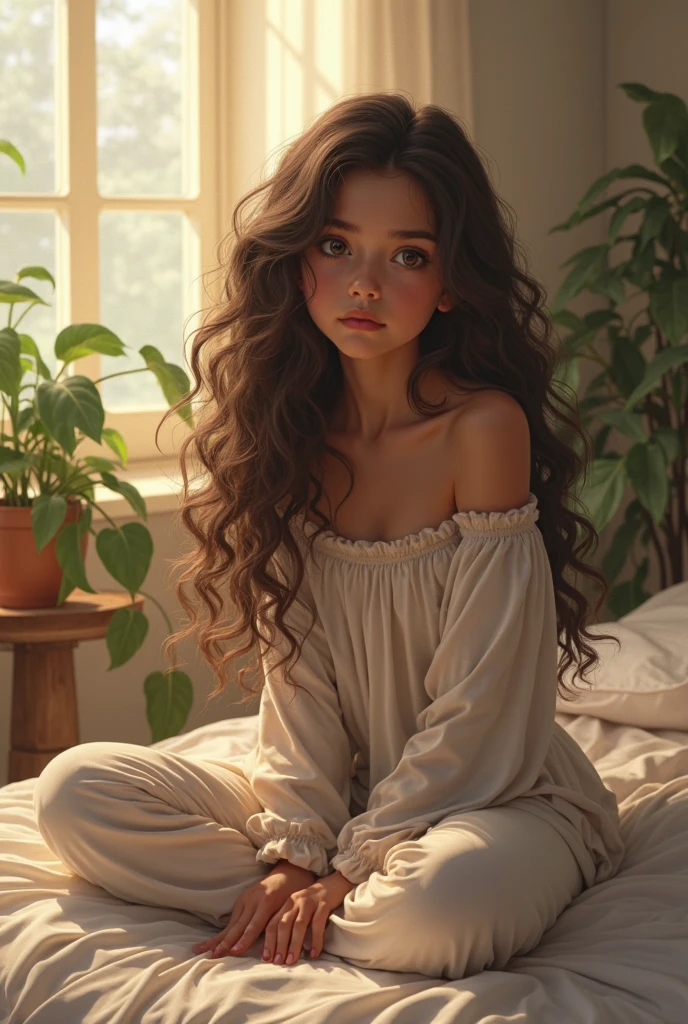 (photorealism:1.2), beautiful girl 10 year, sitting on bed, wearing loose off-shoulder top, pajama pants, long curly hair, indoors, soft lighting, plants in background, window with sunlight, cozy room, relaxed pose, realistic, intricate details, warm colors, by Greg Rutkowski, by Alphonse Mucha
