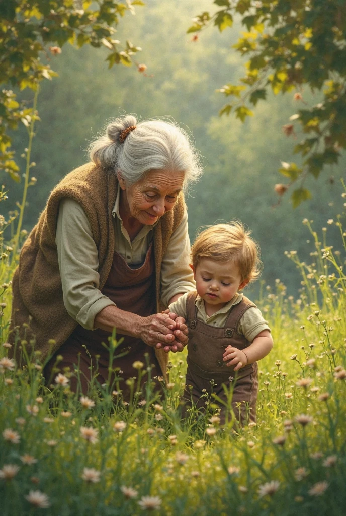 An old woman in the countryside,On a small hillside overgrown with grass,Holding his grandson on a wooden chair。It was getting overcast,Rainclouds are gradually approaching。The wind is blowing,The grass on the hillside swayed in the wind,The earthy wind blew across the old man's cheeks,She was singing "It's dark,It's going to rain"
