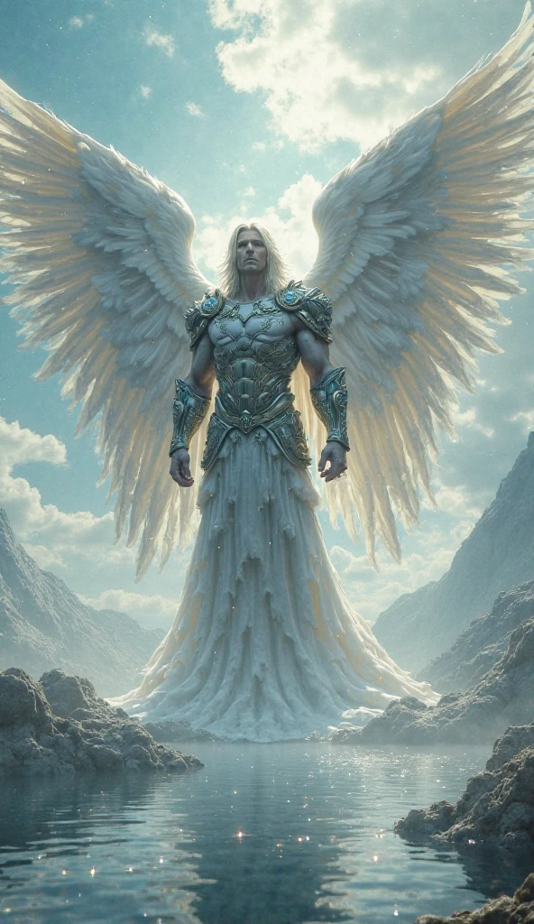 A huge angel with his eyes covered and two wheels around his head with eyes in the wheels and with hair of light and huge wings with a sword in his hands 