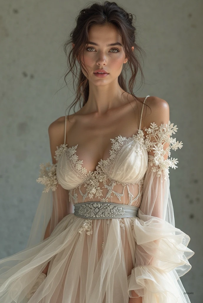 Woman (Mid 20's), light blue hair in bun, pale skin, blue eyes, big perfectly shape breast, thick legs, big perfectly butt, skin tight strapless mesh wedding dress with long sleeves, breast cleavage