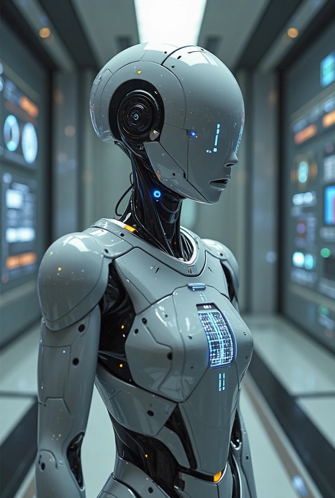 Create a character with intelligent characteristics, and that it is inside an electronics store with differentiated products