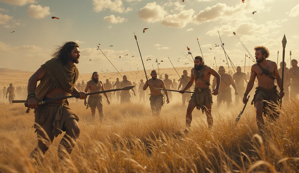Millions of People fight among each other using machete at the drought river over gold nugget