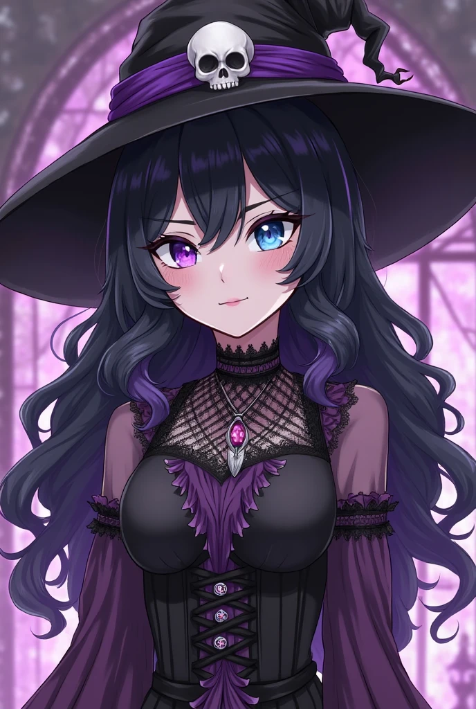 A black haired woman with violet eyes with an hourglass figure with black fox ears and a black fox tail in a Gothic lolita dress is leaning forward while smiling