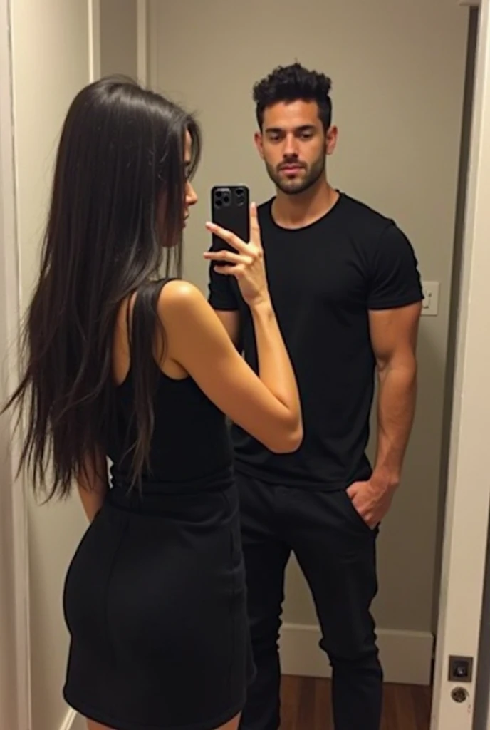 Couple mirror selfie, thick thighs women, thin waist, big breast, deep cleavage, with mam , handsome man, sexy toned skin, big boobs