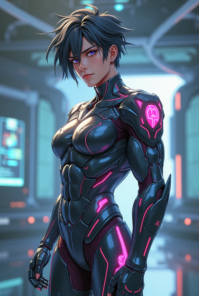 (realistic: 1.4), highest quality, very delicate and beautiful, High resolution, masterpiece, highest quality, 1girl, purple eyes, purple hair, medium breasts, (short Hair:1.3), , (abs:1.2), (muscular:1.1), cyber punk suits, wavy hair, Magic Circle, (running:1.3), (neon:1.5), (clothed in light:1.5)
