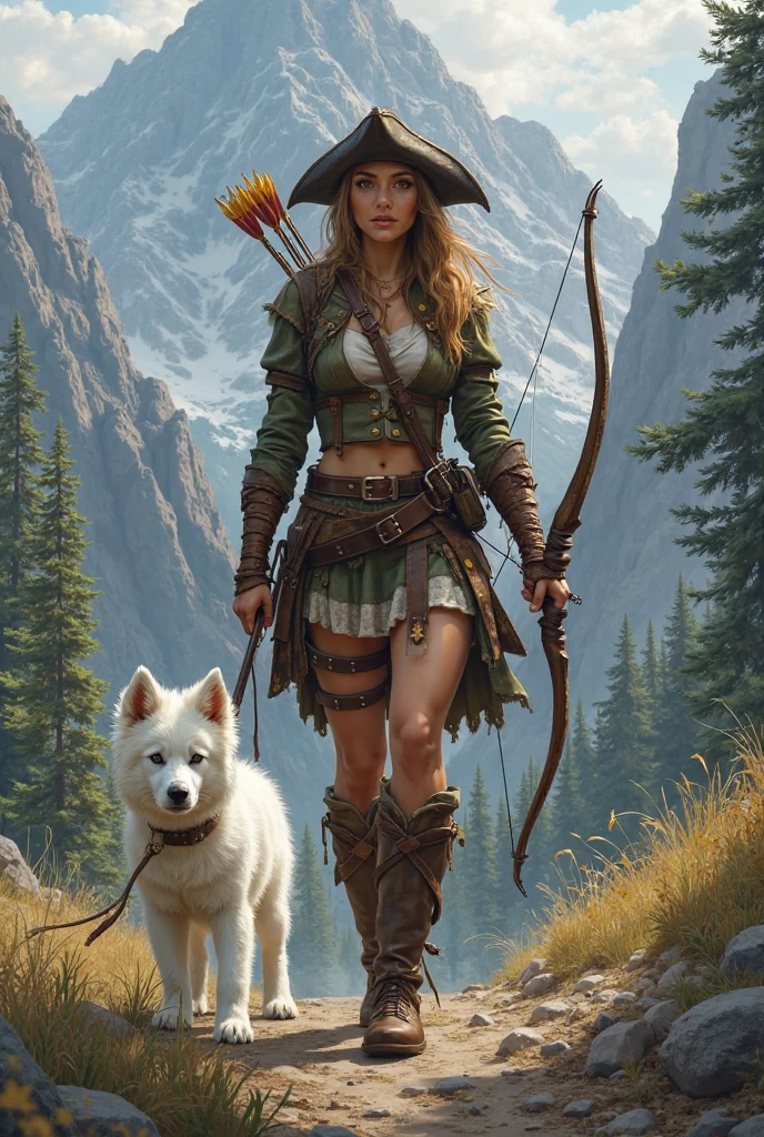 Female Dnd Ranger with tricorn, white little puppy, Leather armor and ...