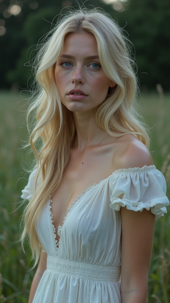 Beautiful blonde woman with curly hair, blue eyess, weapons, Legs and chest, taned skin, Summer clothing, The hand that holds the hair, Beautiful natural scenery, very very detailed, extremely realistic