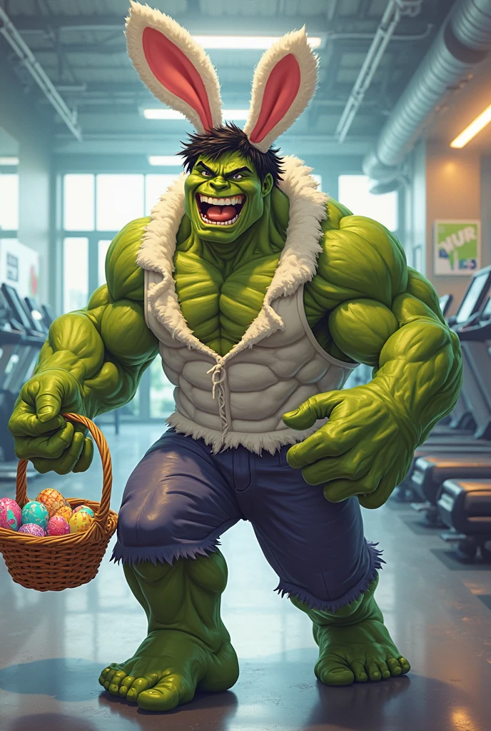 a giant green muscular man,the Incredible Hulk,laughing heartily,in a fierce battle with a female villain wearing an Easter Bunny costume,Hulk wearing rabbit ears,dramatic action scene,cinematic lighting,epic scale,vivid colors,hyper detailed,photorealistic,8k,3D rendering,concept art style