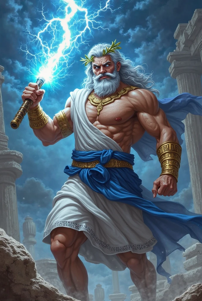 A muscular Zeus holding a lightning bolt, white hair, blue eyes, left hand clenched