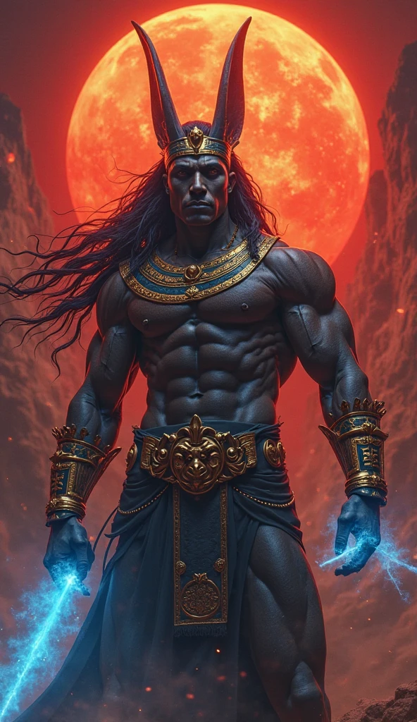 Orixa Exu, strong and smiling widely, holding a Sapphire. ! A sensual black man dressed in red and black