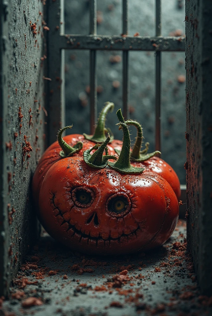 (photography:1.3), (RAW photo:1.3), human skull made of tomato, dark background, backlight