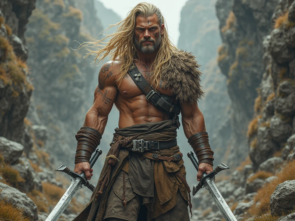 thor, viking, brown fur cape, blonde long hair, blue eyes, strong arms, white skin, viking house, wood house, grass, tribal tattoos, male face, tall male, axe