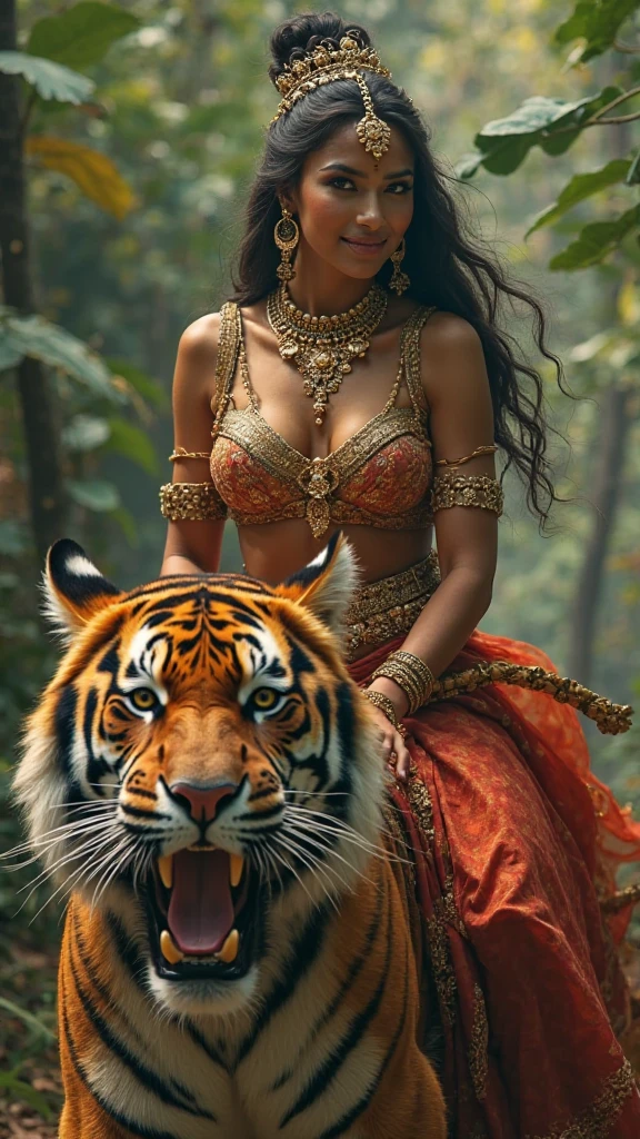Log forest in beautiful girl and looking two peacock,one rabbit and one tiger