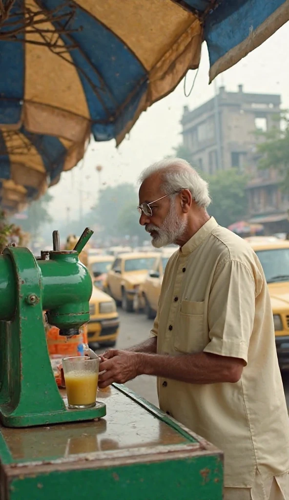 Narendra Modi selling tea on a teal stall, Camera: Canon EOS R5, Lens: Canon RF 24-70mm f/2.8L IS USM, Aperture: f/2.8, Shutter Speed: 1/500 sec, ISO: 400, Focal Length: 50mm, White Balance: Daylight, Exposure Compensation: +0.3. Railway platform background scene, natural lighting, fast shutter, shallow depth of field, 50mm focal length, rule of thirds, candid moment.