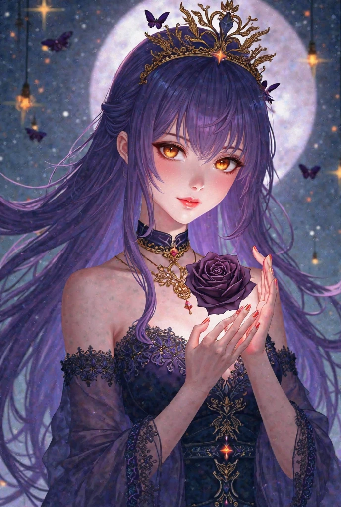 1girl in、Distant Girl、rainbow colored hair、Wearing a flower dress、Stargazing at the stars、(zoomout:1.1)、(Meteor swarm:1.2)、(comets:1.1)、Aurora、shooting stars、surrounded by flower、Standing in the field、beste-Quality、A masterpice、the clouds、colourfull、starlit、stella、hair adornments、アニメ、A sad look --auto