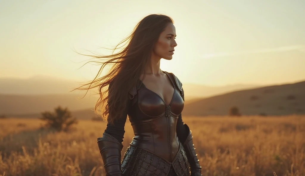 create a realistic image of a devil girl with brown feathers on both sides, brown dress, big chest and sky lightening in the background