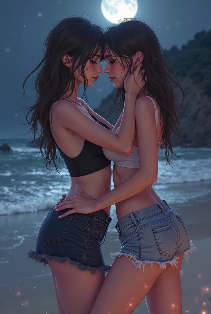 (Detailed illustrations, Very detailed and detailed drawing, Delicate lines with slow and rapid, Realistic texture expression), Two women with long blond hair, ponytail, (((passionate kissing))), kiss, (((eyes closed))), (((closed eyes))), erotic, (((one girl is touching the other sensually and grabbing her crotch))), ((intimate)), ((hand in pants)), ((empty beach background with palm trees)), (((very skinny figure, very thin waist, very narrow hips, very slim legs, large breast, athletic body))), (one white girl, one black girl), standing on a beach, bikini, (((ripped and unbuttoned jeans shorts))), ((navel piercing)), strong abs, ((black collars)), bellychains, ((exposed thong)), small leather jacket