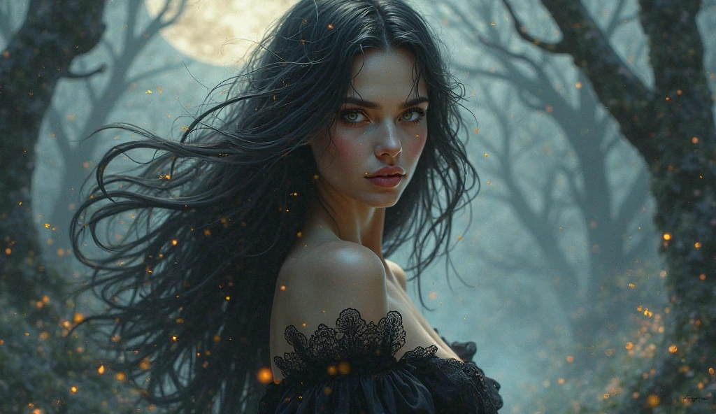 hazy dnd rpg style full body high detail fantasy portrait oil painting illustration of a mysterious quiet powerful rude young beautiful mean looking away quiet mystery beautiful arab exotic light brown skinned woman face, in a beautiful twilight scenic background, violet feline eyes, sharp nose, sharp face structure, straight extremely pin straight long black ebony hair, acotar fae , high quality, sombre mood, muted colours, entire person visible! , dainty face dreamy ethereal silk black dress big breasts mysterious