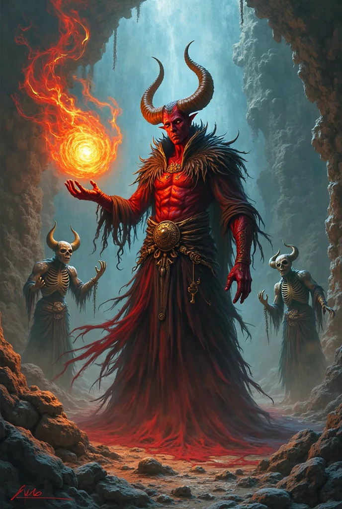 A close-up of a tarot card, the "Dark Prince of Hell," flawlessly rendered with a macabre elegance that seems to emanate an eerie glow from within. The card itself is aged and tattered at the edges, suggesting it has seen centuries of use by those seeking to commune with the malevolent forces it represents. At the center, Satan is depicted in a grotesque yet regal manner, his horns spiraling upwards like twisted branches reaching for the dark sky above. His eyes are piercing and deep, filled with a fiery intensity that seems to burn through the very fabric of the card. His skin is a ghastly pallor, a stark contrast to the crimson robes that drape his muscular frame, adorned with intricate patterns that swirl like rivers of blood. In one hand, he clutches a flaming sword, a symbol of his power over the damned souls that lurk in the shadowy abyss surrounding him. The other hand is raised in a beckoning gesture, inviting the viewer to draw near and submit to his will. The background is an abyss of swirling darkness, a chaotic maelstrom of shadows and flames that stretch into infinity, giving a sense of the vast and terrifying realm he presides over. The number "XIV" is inscribed in glowing embers at the top, denoting the card's significance in the major arcana. The corners are embellished with gothic scrollwork, the edges singed by the flames that seem to dance around the borders, hinting at the card's volatile nature. Every detail, from the meticulously painted scales of the snake coiled around Satan's waist to the intricate claws of the demonic creatures that skulk in the shadows, is steeped in a foreboding atmosphere that leaves the viewer with a chilling sense of the impending doom and temptation that this card embodies.