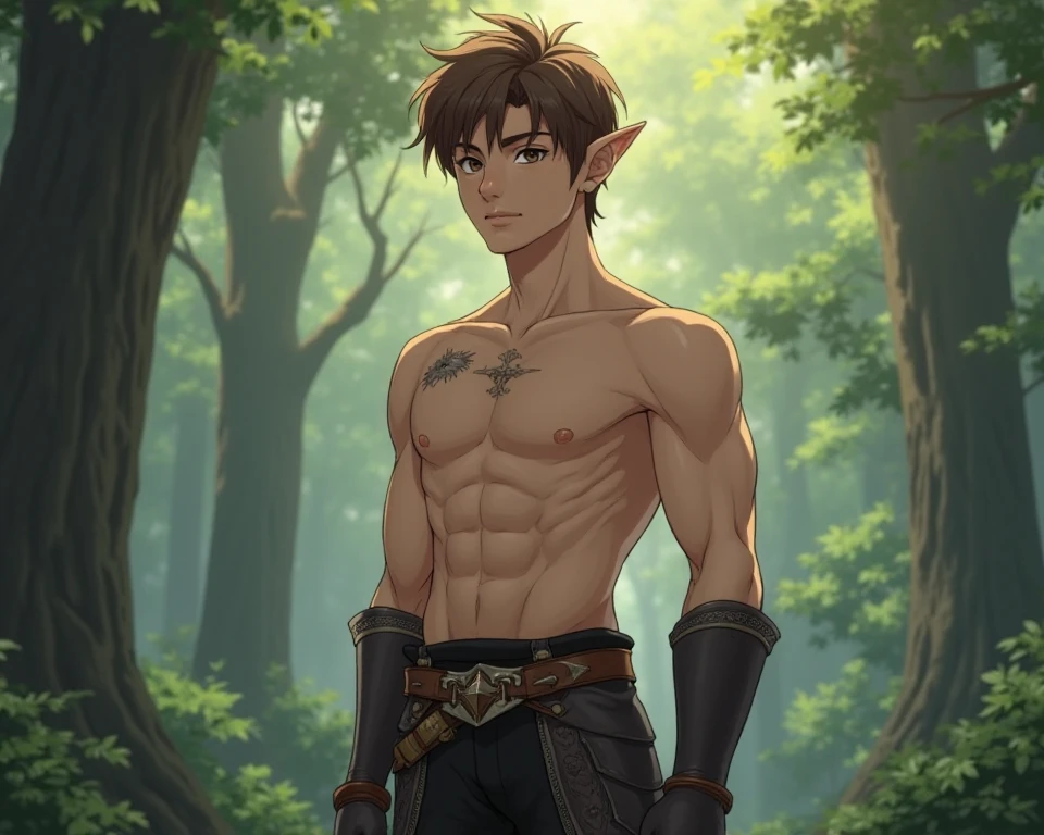 Male elf, handsome,asian, short hair, cute, pointed ears, wood elf, bowman, pull the bow, pull the bow, shooting bow, action pose, arrows, quiver, leather belt, chest guard, arm guard, shirtless, boots, full body,(Absurdres, intricate details, masterpiece, best quality, high resolution, 8k),(18 year old boy ,(pleased, pleasure face , blush, horny smirk, forest background, big bulge, nsfw, see through