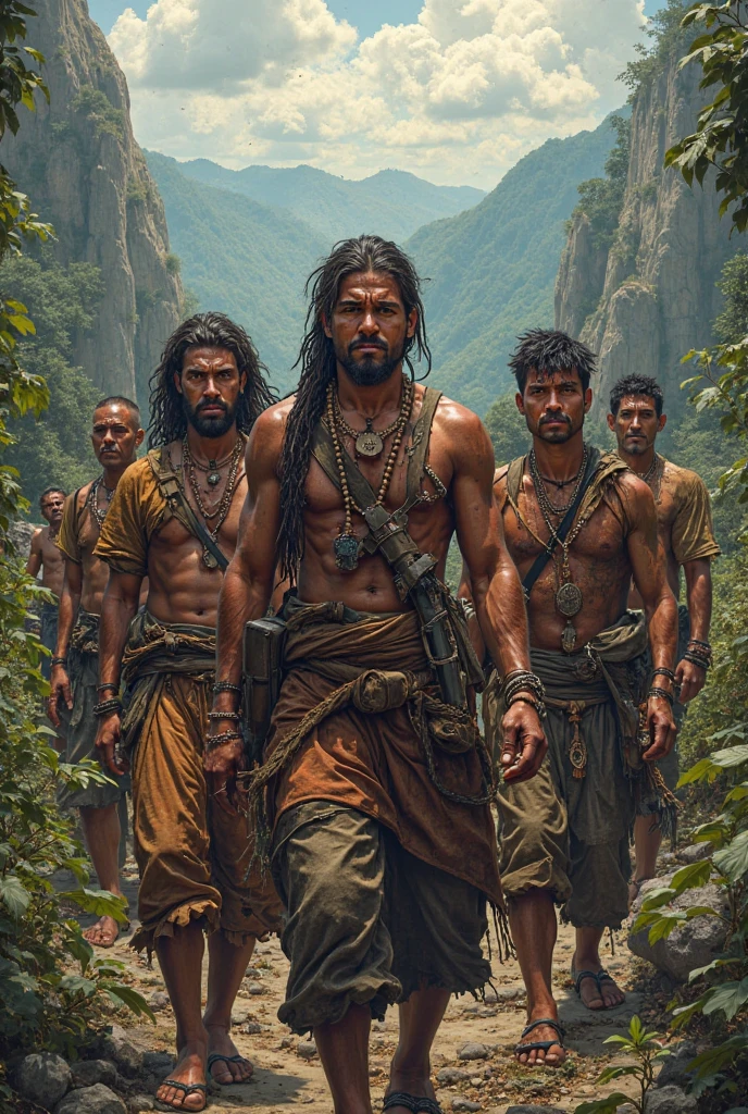7 demonic brothers killed in the Amazon river, now the seven guardians of the mud river, hyper realistic, dark fantasy, chiaroscuro lighting, deep shadows, mist, mossy river banks, detailed skin textures, intricate anatomy, dramatic poses, gritty, cinematic, moody color palette, volumetric lighting, (best quality,4k,8k,highres,masterpiece:1.2),ultra-detailed,(realistic,photorealistic,photo-realistic:1.37)