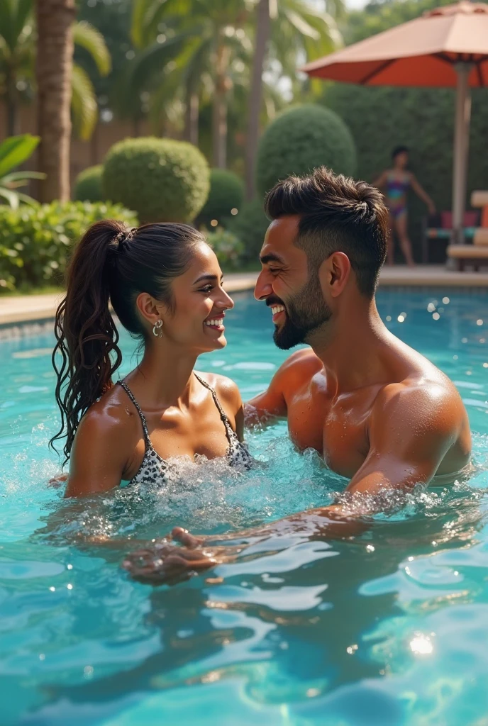 A Masculer man,hairy chest,wearing swiming shorts wite muslims wite turban,teaching swimming technics,to a beautiful Young woman,wearing Orange coloure swiming bikni,Sindoor on hair line of head,smilling looking to mans body