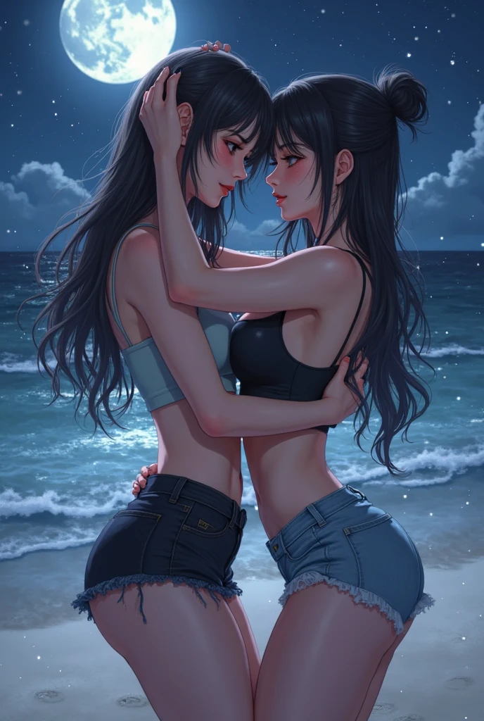 masutepiece,hyper quality, Hyper Detailed,Perfect drawing,nffsw,3D,in 8K,illustratio、Hi-Res、(Two beautiful girls)、Sitting on the breakwater、Close your eyes、(the kiss)、French Kissing、the setting sun、Summer sky、Horizon、shores、beatiful backgrounds、Accurate drawing、Detailed drawing