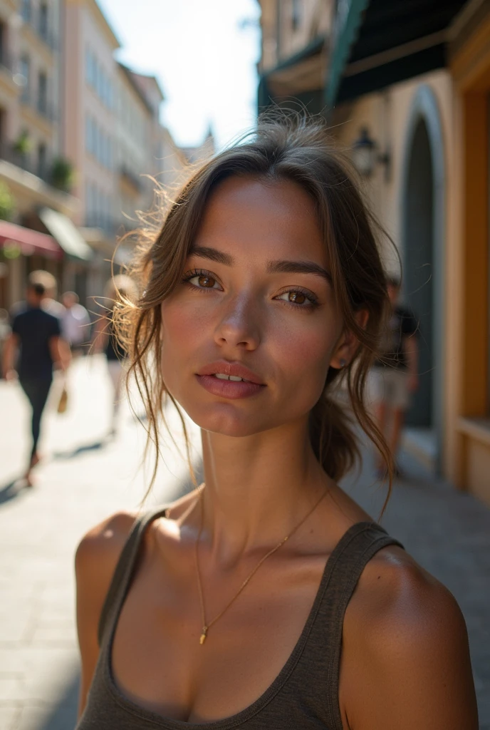 une femme brune, avec des cheveux noirs et des marrons, dressed in a summer outfit, dans un parc, realistic body, realistic face, realistic skin, 8k,yeux parfaits,Fujifilm XT3,Heure d&#39;or,85mm,best quality,high resolution