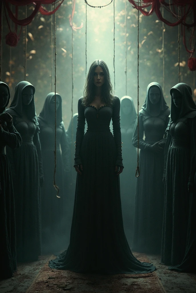 Lady Seraphina d’Aurelis is depicted in the midst of torturing a prisoner, her body covered in blood from the brutal act. She wears a sadistic smile on her face, her eyes gleaming with dark pleasure as she revels in the pain she inflicts. Her once-elegant clothing is disheveled and soaked with blood, clinging to her form as she stands over her victim. The chamber around her is dark and foreboding, with stone walls stained from countless tortures. Implements of pain and suffering are scattered about, and the prisoner, bound and broken, lies at her feet, barely clinging to life. The atmosphere is tense and chilling, emphasizing the sadistic enjoyment Seraphina takes in her work. The depiction should be in a realistic, dark fantasy style, highlighting the intensity and horror of the scene.