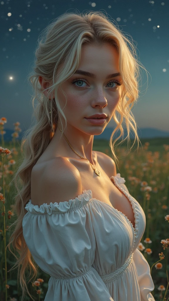closeup portrait of a cute blonde Elsa in a bright windy field, (backlighting), realistic, masterpiece, highest quality, ((corset)), ((embarrassed)),  puddle, lens flare, shade, bloom, [[chromatic aberration]], by Jeremy Lipking, by Antonio J. Manzanedo, by (Alphonse Mucha), digital painting