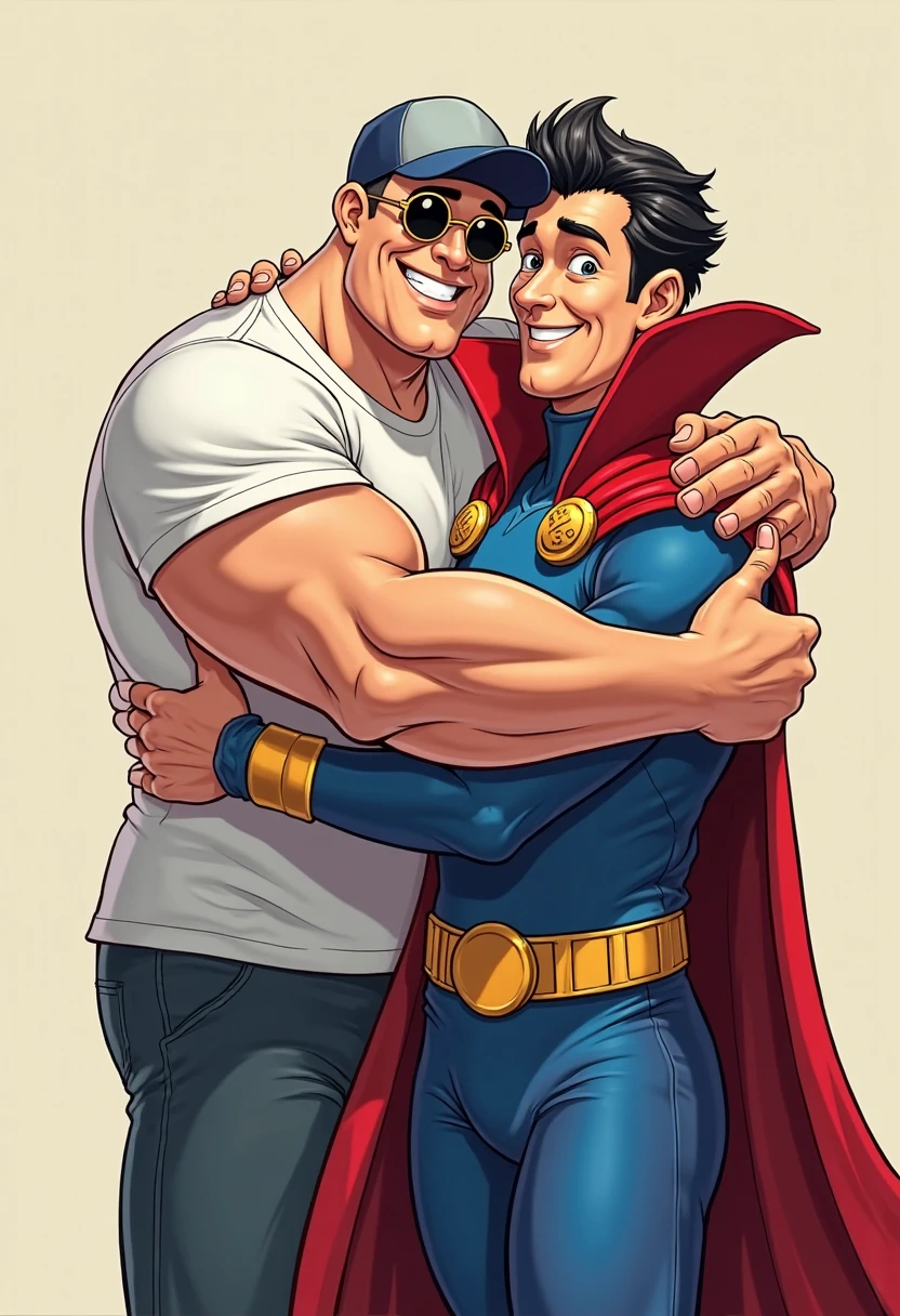 1980s, luxurious shower room, gay, bara, 2men, two men naked, wearing only white briefs, Batman hugs and licks the chest of his beloved old man Alfred with a smile like a , slim tall Alfred accepts it with a smile and strokes Batman's head