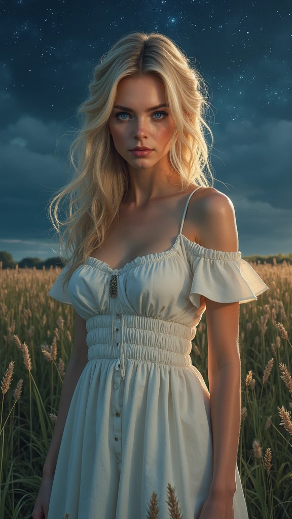 1woman, farmer, hands between knees, white country dress, field, intense blush, beautiful face, green eyes, blonde hair, crownbraid, ponytail, cleavage, dutch angle, sunlight, wind, sun flowers, corn field, lying on side, lying on haybail