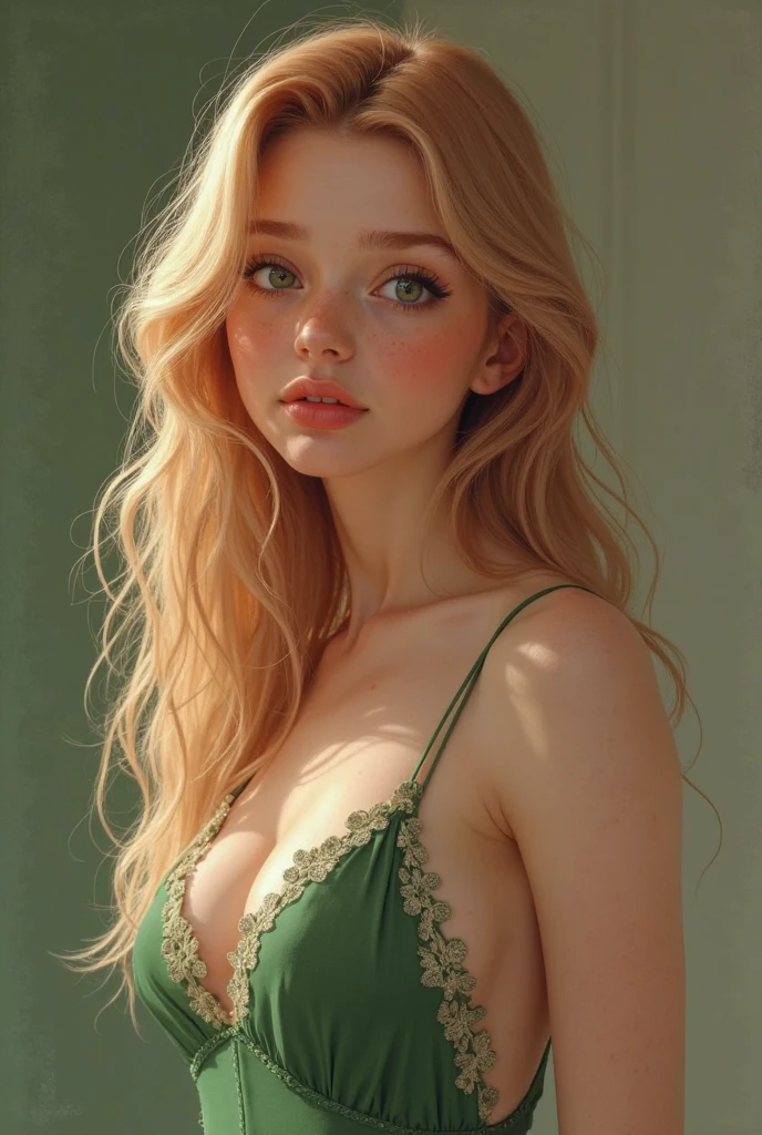 realistic:1.2 , sinister, award winning photo, best quality, masterpiece, upper body, woman, freckled face, windblown blonde hair, emerald eyes, modern strapless dress , damp, cleavage , detail skin texture , perfect sexy figure , anatomically correct