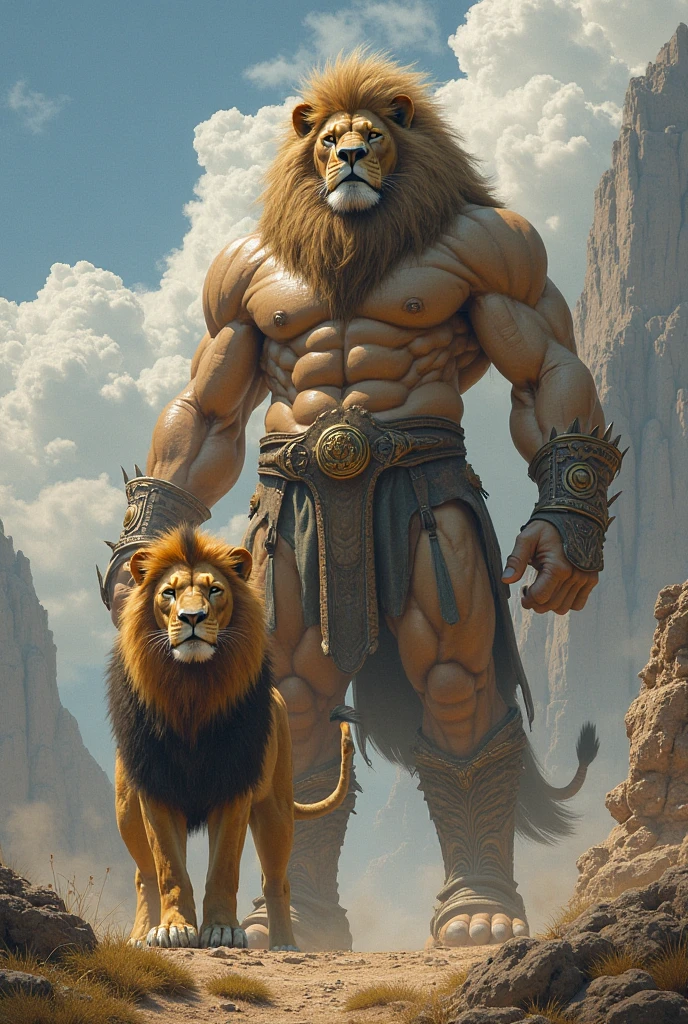 CG drawing,background,in a cold palace,cold palace,a lion orc,with a male human,two characters,strong and tall,Huge and muscular body,strong physique,muscle,Humans in the center of the picture,Lion orc hugs human,The lion man has silvery white fur,Humans have dark brown skin,Broken and simple white cloth hem,flowing white cloth,Gold ornaments,Please look head-on into the camera,strong legs、foot,Full role。