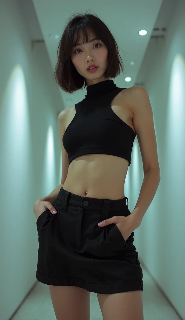 Fragments flying、best quality、one example、very good、How are you、high resolution、8k wallpaper、Perfect dynamic composition、(((whole body)))、((Start from below))、20 years old cute girl、Detailed beautiful face、Delicate and lovely eyes、Delicate skin、My cheeks were red、Shy、(short hair:1.3)、(Brown Wavy Hair)、Breast fullness、Bold and sexy pose、Smile、(sleeveless、Navel exposed、Fitted Turtleneck Sweater)、Hot Pants Lace Street、Large Breasts、Visible cleavage,Wide hips、Hips、Thin shoulders、underwear、
