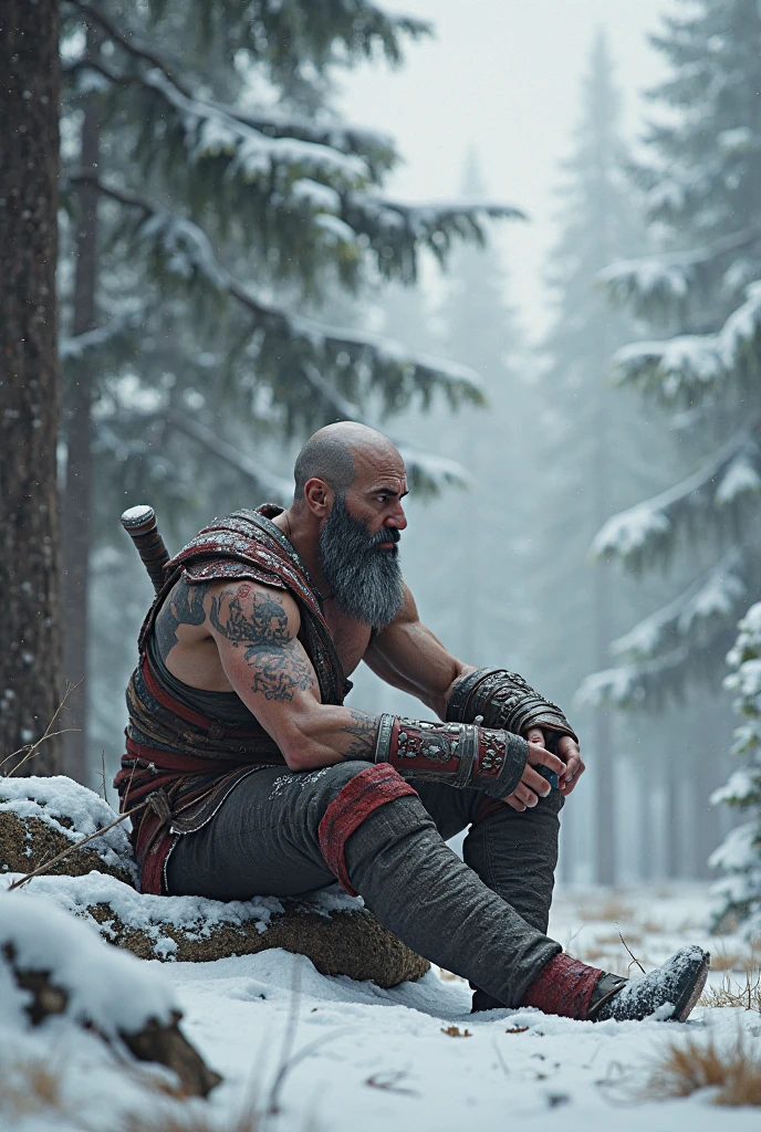Image seen from below, From a muscular, shirtless man with white hair and scars, He is crying on his knees in Snow He is in a landscape of a completely destroyed snowy village.