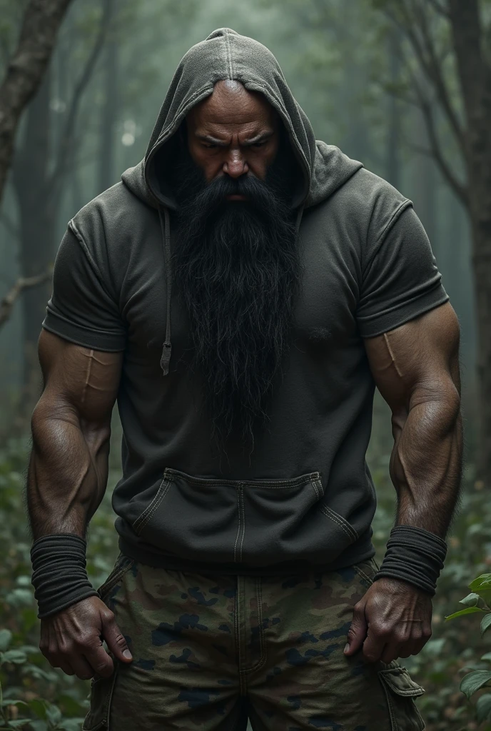 Naked handsome man squatting down in a forest with hairy pubic hair and hairy armpits