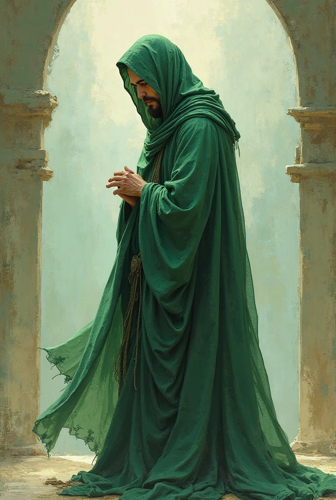 An arabian man with green robe standing on a rock opened his hands and telling parables in a crowd, mosque, 1400 years ago, Islamic elements, extremely detailed