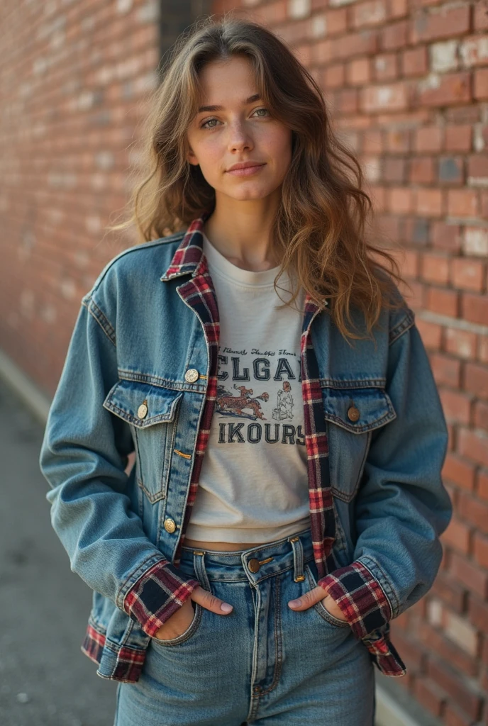 90s Grunge girl. Wearing jeans and a hoodie, with headphones