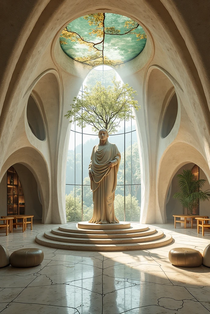 Inside the temple, the atmosphere resembled a circular greenhouse with a geodesic dome. The bright sun shone through the glass dome, illuminating numerous plants and fruit-laden trees. The light reflected off fountains and waterfalls, creating whimsical patterns on the marble floor. The air was filled with the fresh aromas of herbs and flowers, enhancing the atmosphere of tranquility, serenity, and hope. Colorful fish swimming in small ponds. In the center of the temple stood a massive statue of an athletically built man with the long mustache (no beard:1.2). His simple attire resembled a Roman toga or Greek tunic. In front of the statue, there was a large bowl filled with glowing liquid, cinematic, photo, poster