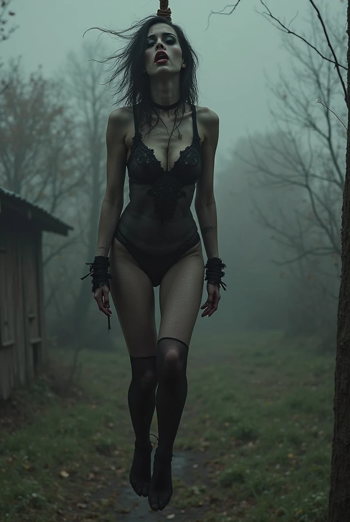 (Best Quality,hight resolution,Masterpiece, half body shot:1.2),Ultra-detailed,woman dressed in black g-string thong and fishnet lingerie,sickly standing in a creepy forest at night with a giant spider in the background, she's wearing a very sexy high waisted g-string thong, giant horror spider in the background, thong lingerie, creepy forest, creepy giant spider monster, perfect body, sensual pose, horror movie, giant spider insect, full body shot, horror vibes, centered subject,gloomy ecstasy,fetish,dark gloomy atmosphere, creepy atmosphere, gritty texture,Retro-atmosphere,warped reality,melancholic expression on his face,mysterious aura,foggy atmosphere,foggy background,Subtle color palette,provocative pose,Strong emotions,Coming Out of the Depths of Despair,Piercing gaze,intense shadows,Plunged in Darkness,dark industrial aesthetic,ominous vibe,A supernatural sensation,Loss of Place in Time and Space,Eerie silence.asymmetrical bangs, freckles, red short hair, Bangs, freckles, gray eyes,