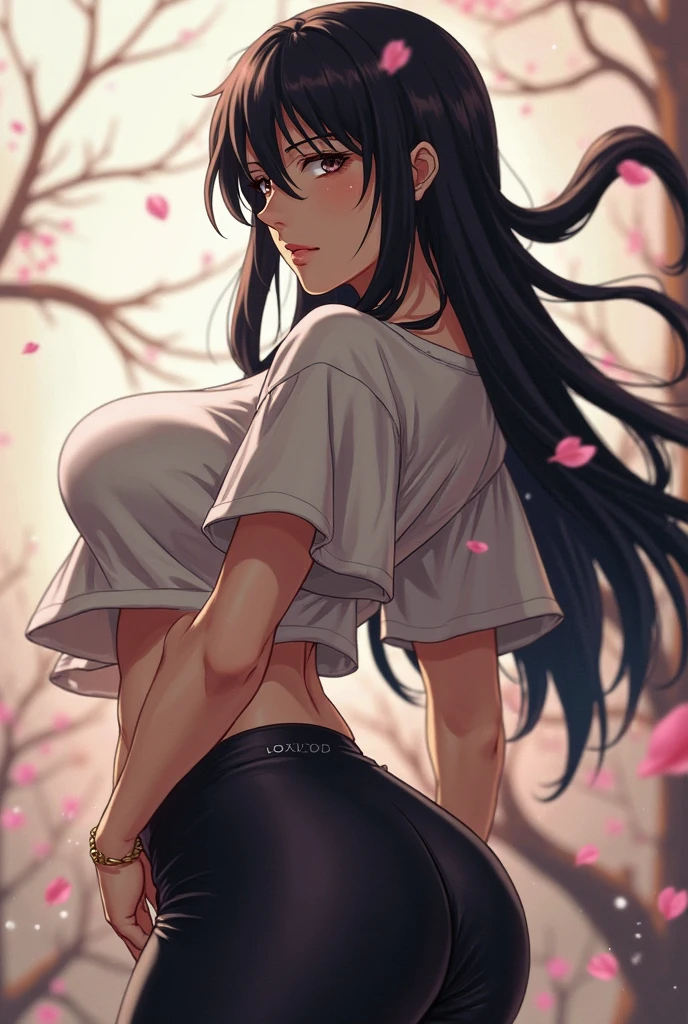 masterpiece, 1girl, long hair, black hair, upper body, yellow eyes, hearts in eyes, white shirt, wet shirt, medium chest, navel, short jeans, thick thighs, erotica, cherry blossom background
