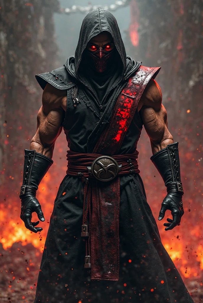 Create a picture of An mortal kombat graphic character portrait of a soul reaper scary black buff handsome man with long black dreads with red tips. He has a long scar across his face and a scary black mask with a mouth that has shaped teeth on the mask. The mask also has a white image of a crow and a red flame that go up side the mask. He wear a black tank top with red tights with black boots in dark forest surrounded by flames and crows
