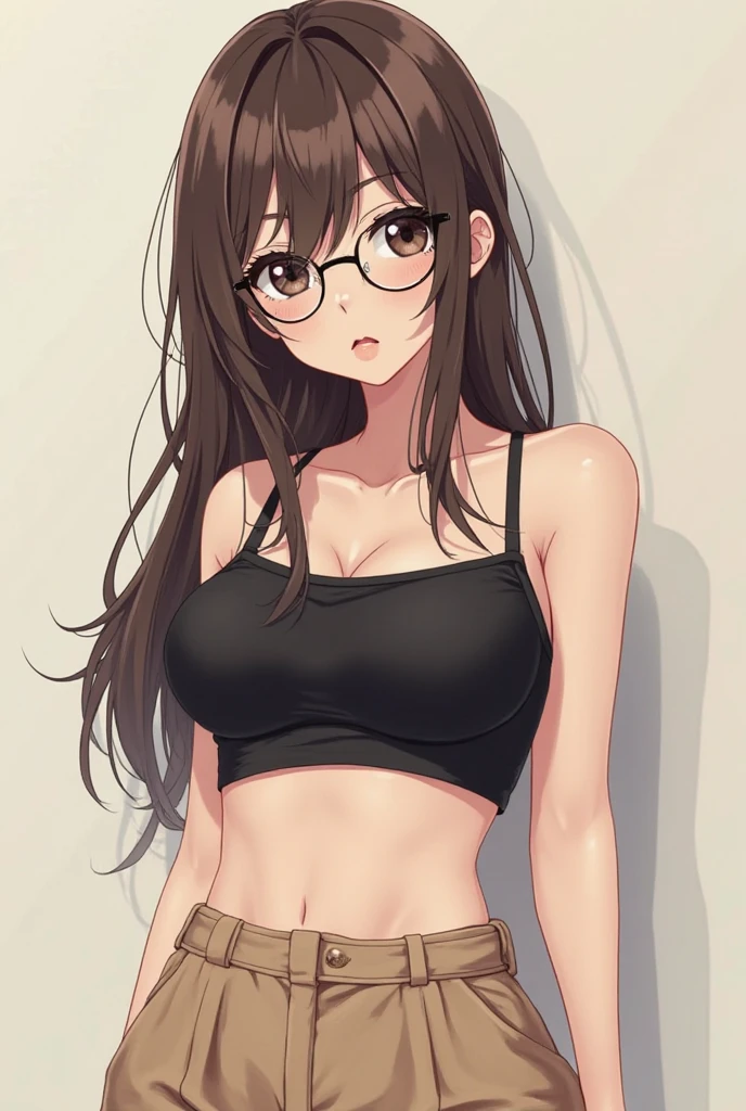 Long brown hair,Brown eyes,Glasses,girl,3-piece bra,underwear