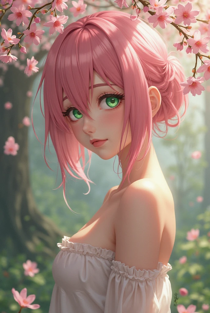 (Masterpiece, BestQuality:1.3), (ultra detailed:1.2), (hyperrealistic:1.3), (RAW photo:1.2), High detail RAW color photo, professional photograph, (Photorealistic:1.4), (realistic:1.4), (Pink Hair:1.5), professional lighting, perfect anatomy, (Big Breasts:1.2), (blush, detailed face), (A happy smile:1.7), Trending Hair&Trending Hairカラーをランダムに, earrings, necklace, bracelet, sexly, erotic sexly, Random sexy gravure poses, (Sexy beauty in green bohemian dress、Forest background、Smiling face、Posing with a flower crown、The back is boldly open:1.3)