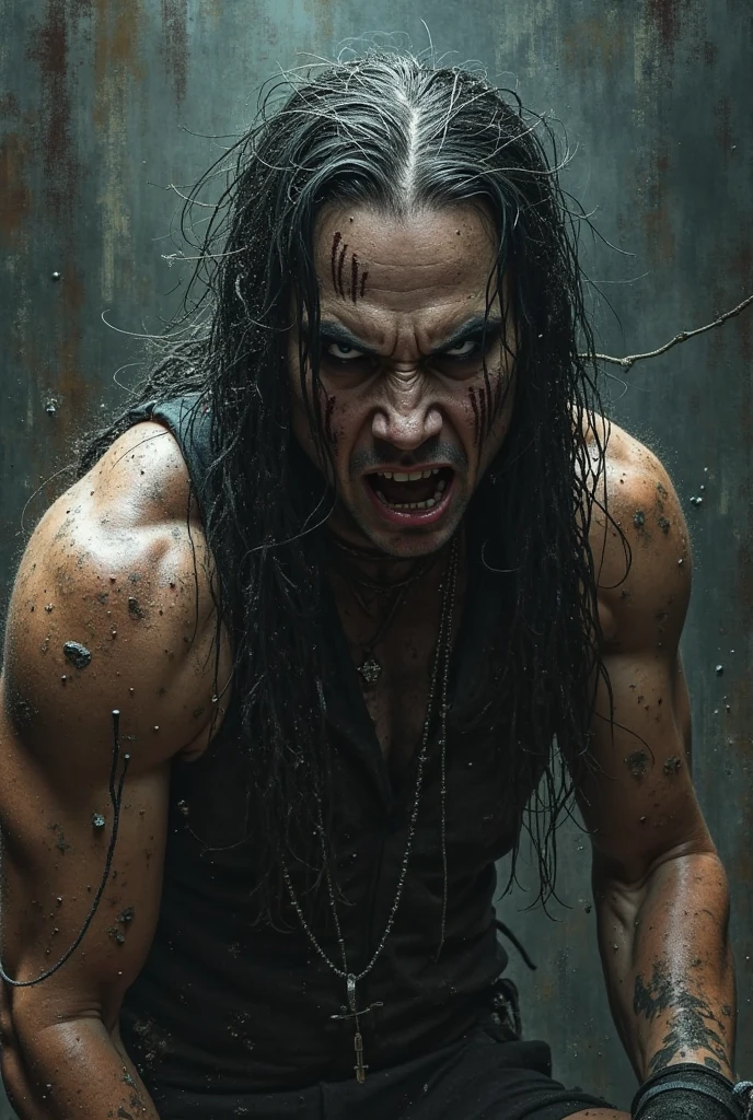 A terrifying close-up portrait of a person wearing a hockey mask, reminiscent of the iconic slasher villain from the Friday the 13th franchise. The mask is worn and weathered, with a sinister expression reflected in the mask's design. The person's face is obscured, but their open mouth and intense expression convey a sense of primal fear and aggression. The image is dramatic, with strong lighting and shadows that add to the ominous and unsettling atmosphere.